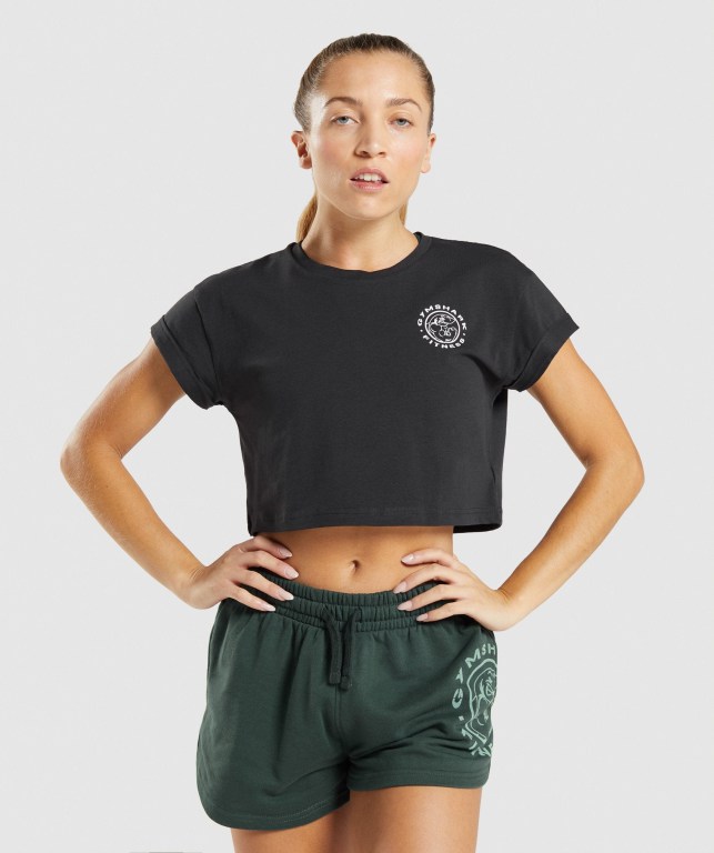 Camiseta Gymshark Legacy Graphic Crop Mujer Negros | nXQ6hugdXbn