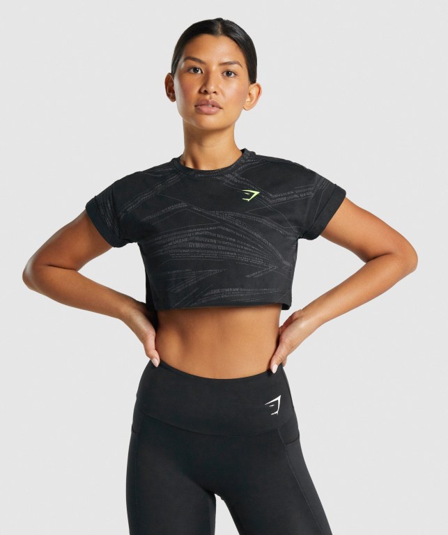 Camiseta Gymshark Zone Graphic Crop Mujer Negros Grises | j1xI8eAWRHs