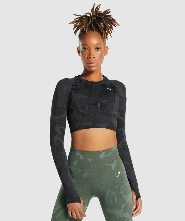 Sudaderas Gymshark Adapt Camo Seamless Crop Top Mujer Negros | 2mWMSPi16zh