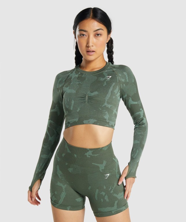 Sudaderas Gymshark Adapt Camo Seamless Crop Top Mujer Verdes | CKi99dLO24u