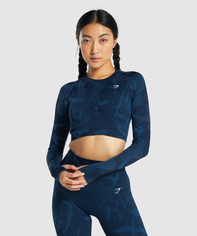 Sudaderas Gymshark Adapt Camo Seamless Crop Top Mujer Azul Marino | rllTJBy5Inx