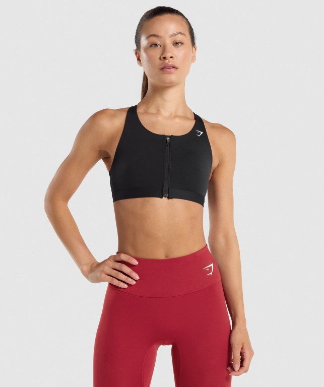 Sujetadores Deportivos Gymshark Zip Up Entrenamiento Sports Bra Mujer Negros | 5d1COLAaYO9