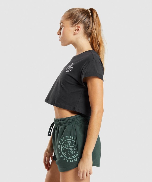 Camiseta Gymshark Legacy Graphic Crop Mujer Negros | nXQ6hugdXbn