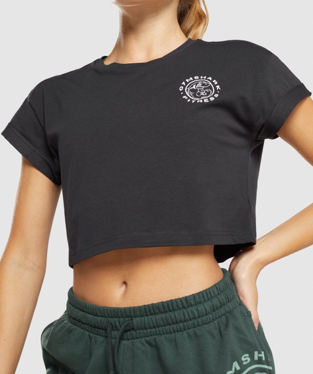 Camiseta Gymshark Legacy Graphic Crop Mujer Negros | nXQ6hugdXbn