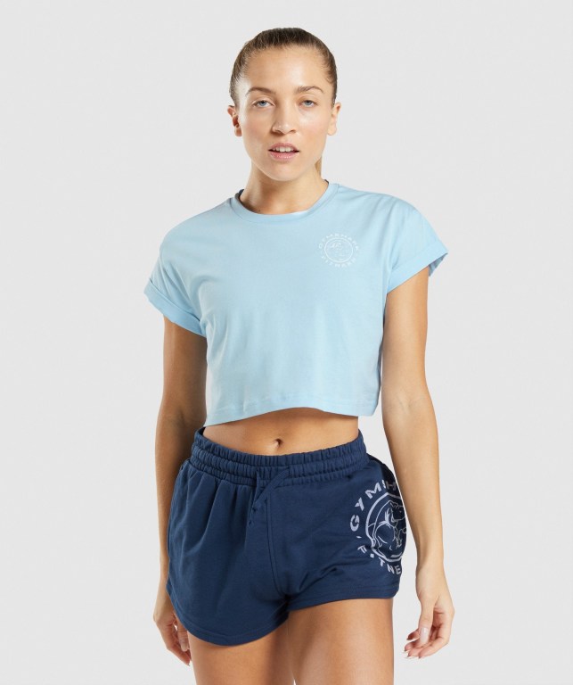 Camiseta Gymshark Legacy Graphic Crop Mujer Azules | rT7JFyZsvMn