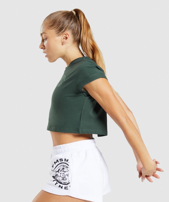 Camiseta Gymshark Legacy Graphic Crop Mujer Verdes Oscuro | zVwUSQ9us3e