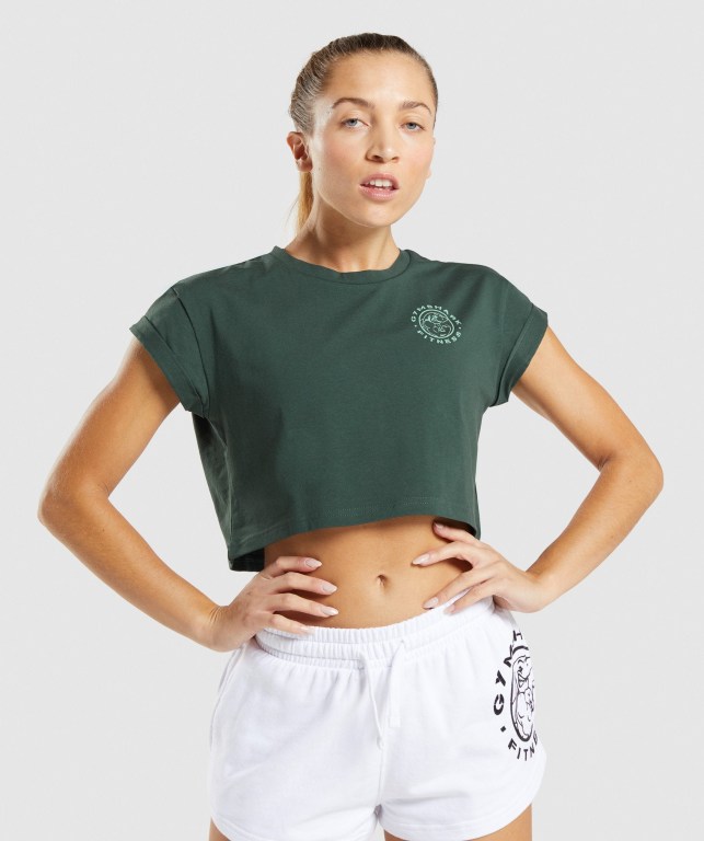 Camiseta Gymshark Legacy Graphic Crop Mujer Verdes Oscuro | zVwUSQ9us3e