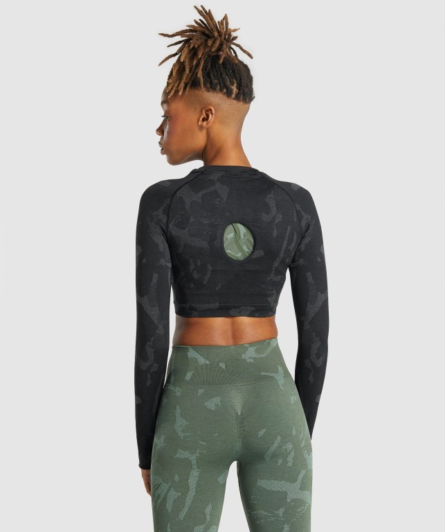 Sudaderas Gymshark Adapt Camo Seamless Crop Top Mujer Negros | 2mWMSPi16zh