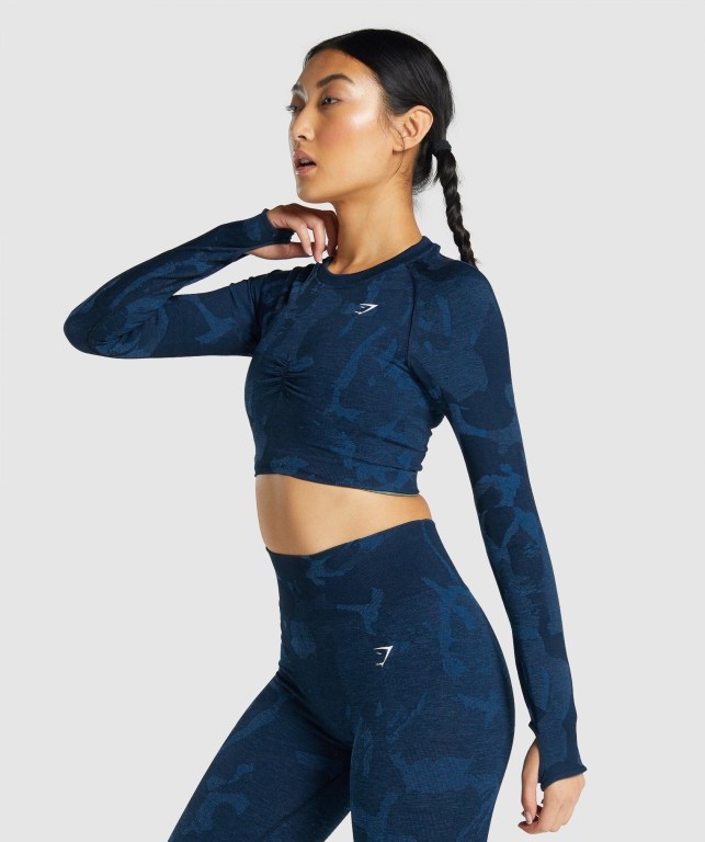 Sudaderas Gymshark Adapt Camo Seamless Crop Top Mujer Azul Marino | rllTJBy5Inx